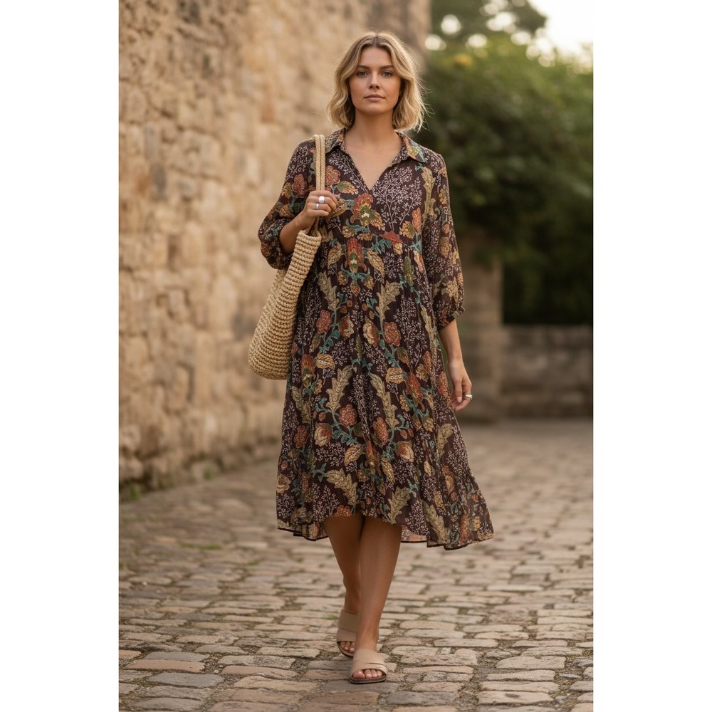 Earthy Boho Babydoll Dress L‎ Brown Floral Flowy Cottagecore Lagen Indie Loose